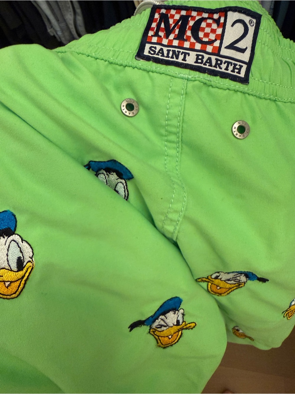 MC2 Saint Barth Men’s Lime Green Donald Duck Embroidered Shorts